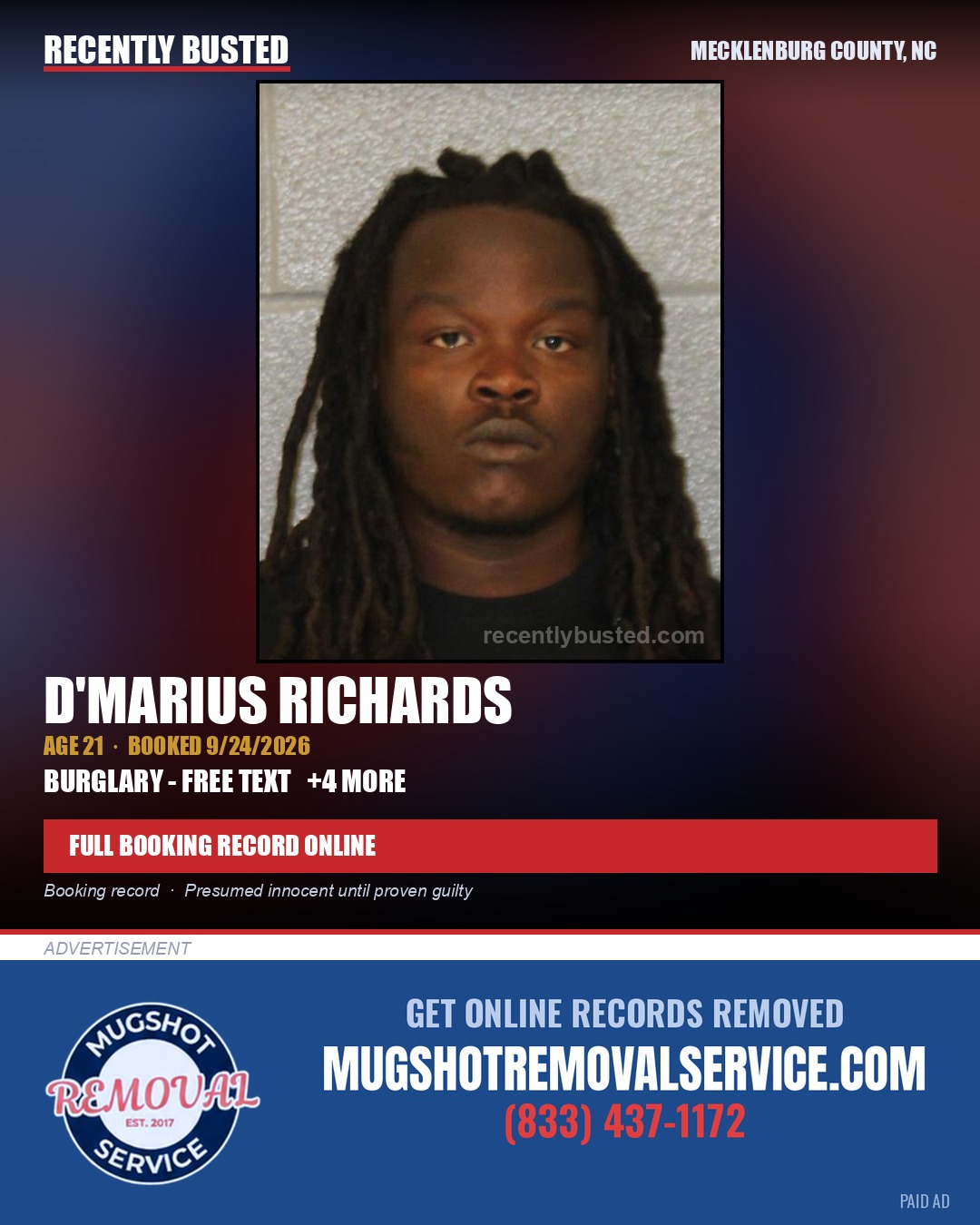 D'MARIUS RICHARDS — arrest record card, Mecklenburg County, North Carolina