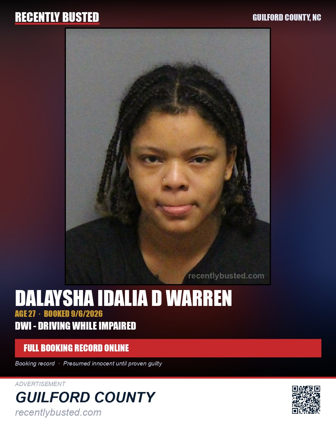 DALAYSHA IDALIA D WARREN — arrest record card, Guilford County, North Carolina