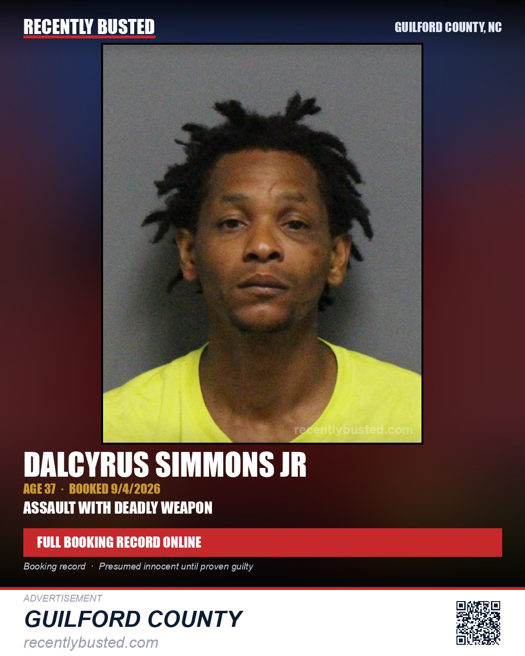 DALCYRUS SIMMONS JR — arrest record card, Guilford County, North Carolina