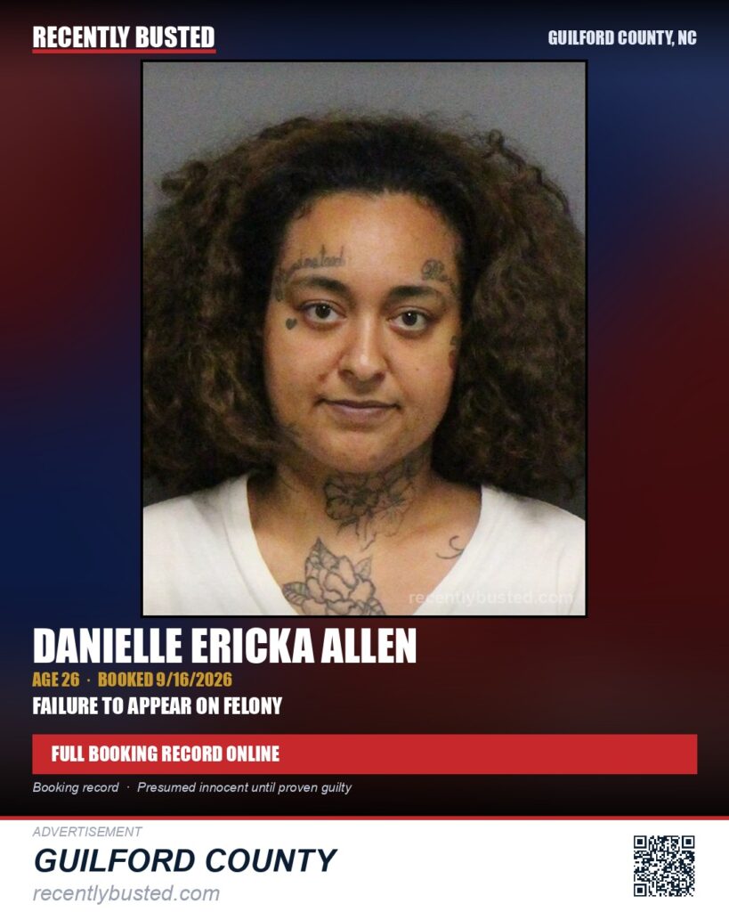 DANIELLE ERICKA ALLEN — arrest record card, Guilford County, North Carolina