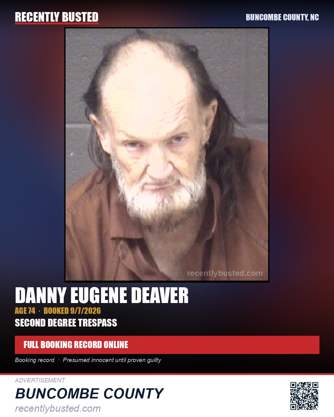 DANNY EUGENE DEAVER — arrest record card, Buncombe County, North Carolina