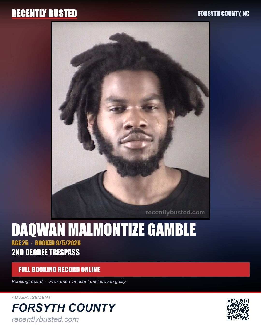DAQWAN MALMONTIZE GAMBLE — arrest record card, Forsyth County, North Carolina