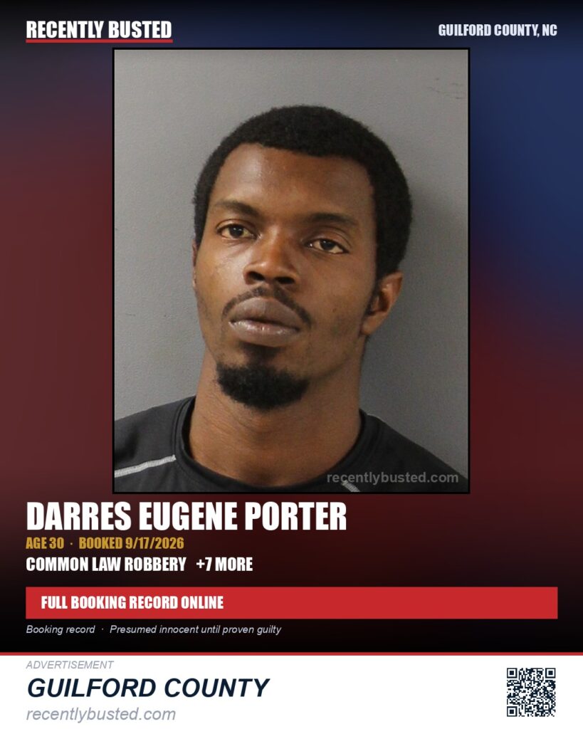 DARRES EUGENE PORTER — arrest record card, Guilford County, North Carolina