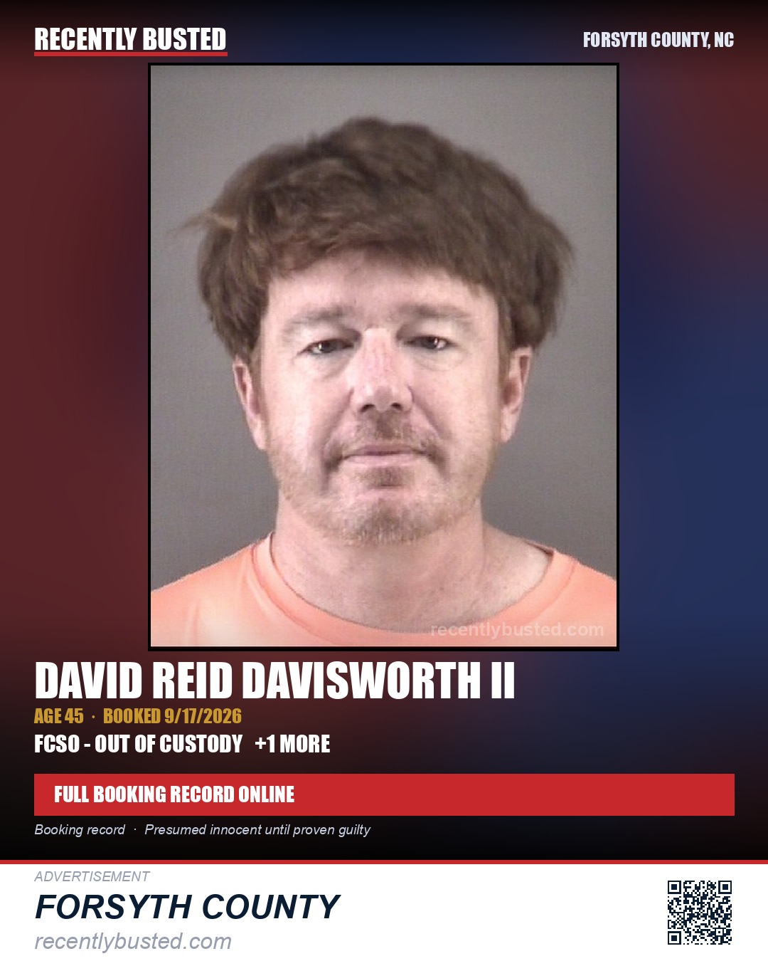 DAVID REID DAVISWORTH II — arrest record card, Forsyth County, North Carolina