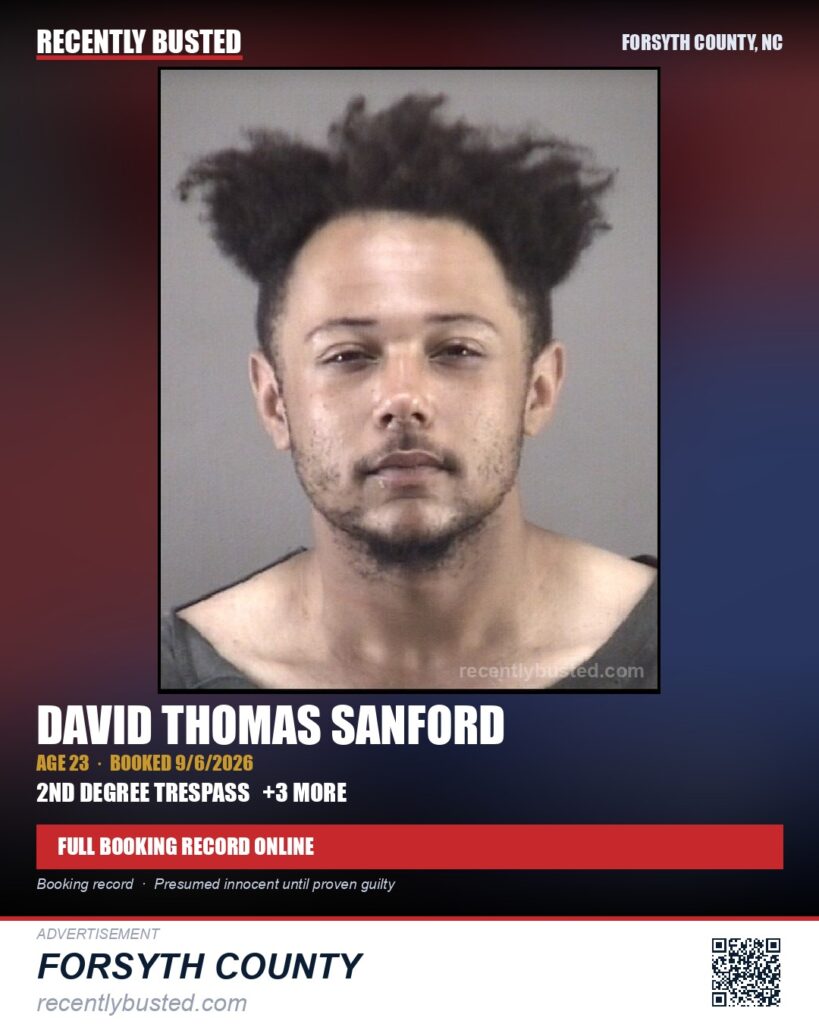DAVID THOMAS SANFORD — arrest record card, Forsyth County, North Carolina
