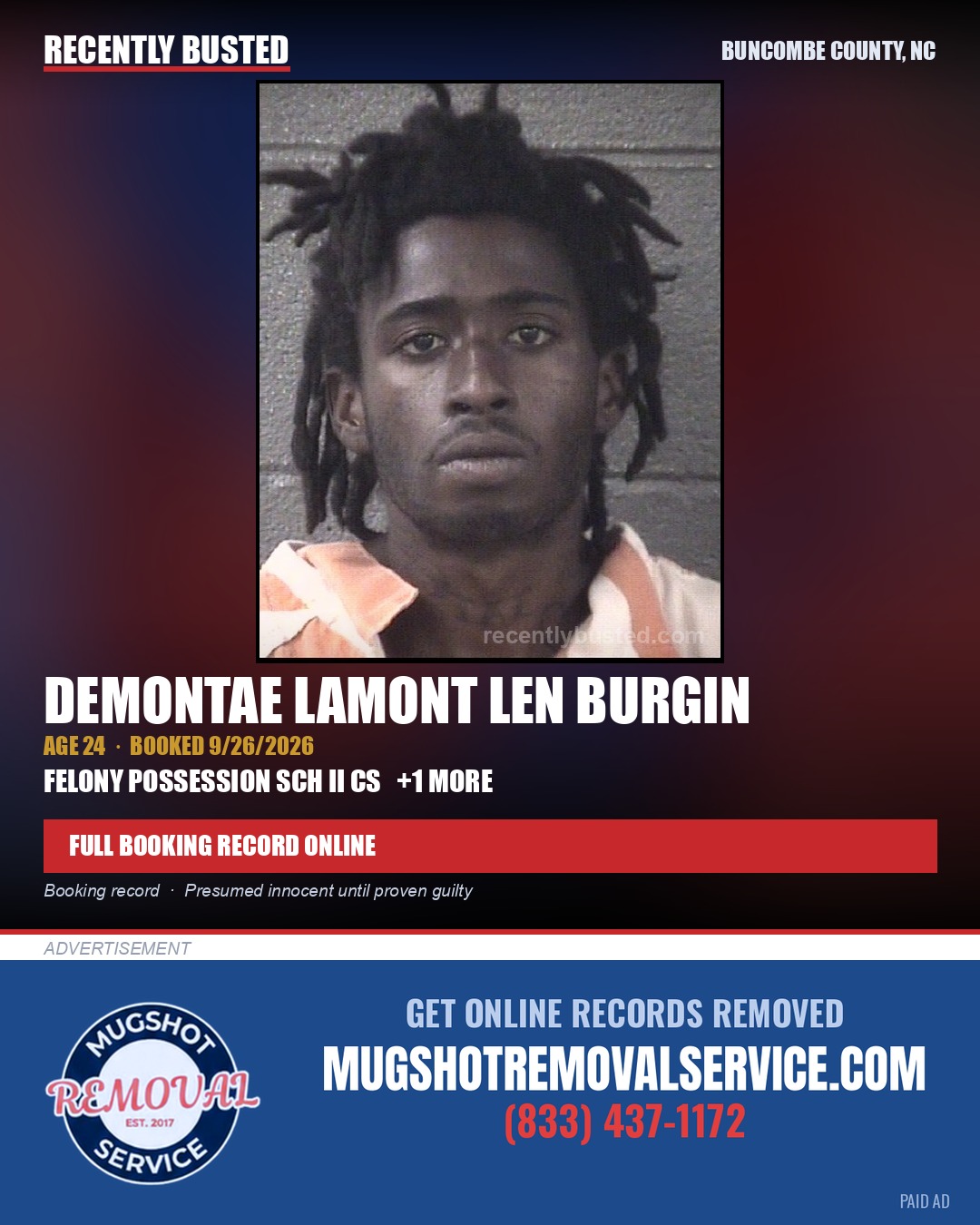 DEMONTAE LAMONT LEN BURGIN — arrest record card, Buncombe County, North Carolina