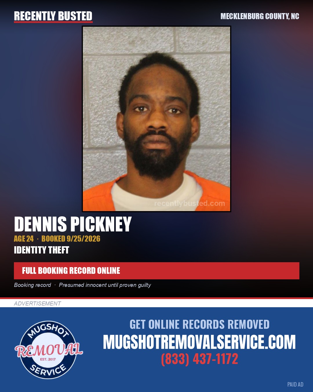 DENNIS PICKNEY — arrest record card, Mecklenburg County, North Carolina