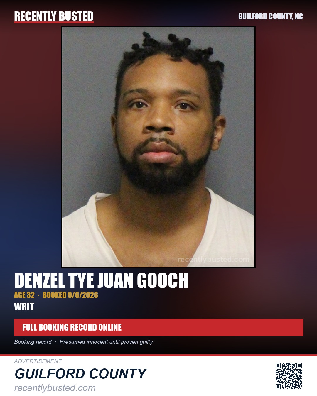 DENZEL TYE JUAN GOOCH — arrest record card, Guilford County, North Carolina