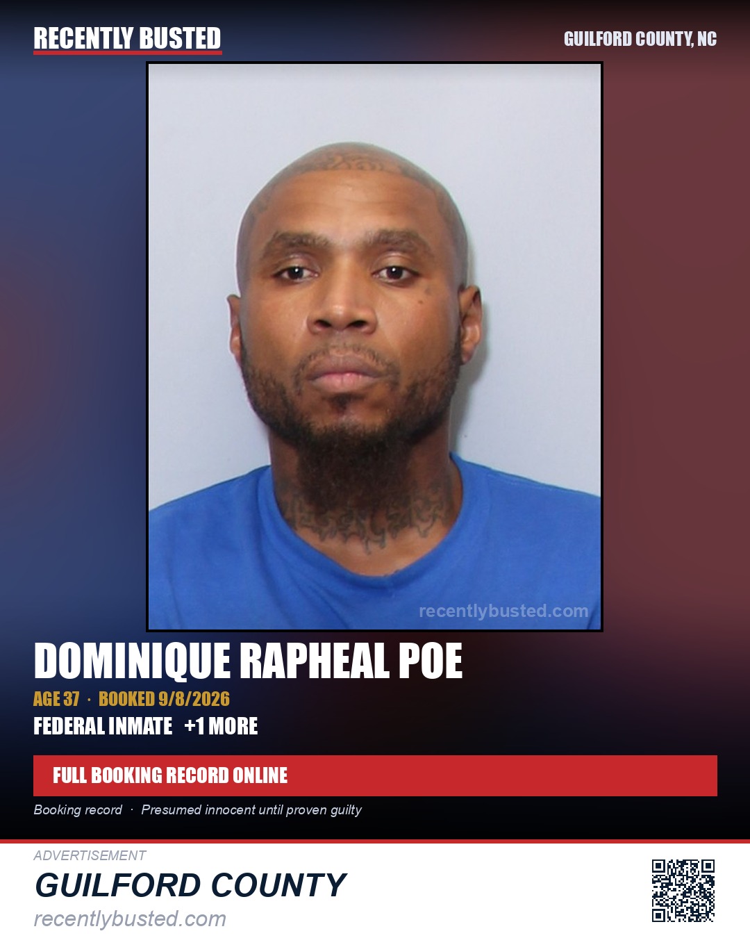 DOMINIQUE RAPHEAL POE — arrest record card, Guilford County, North Carolina