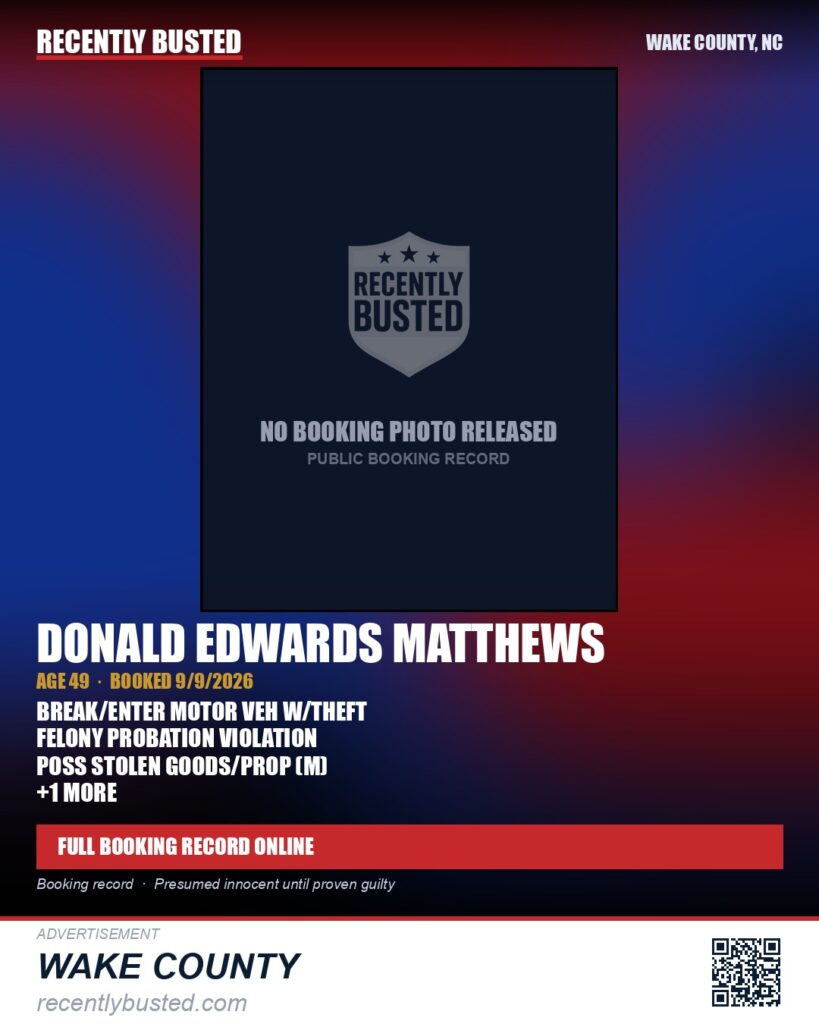 DONALD EDWARDS MATTHEWS — arrest record card, Wake County, North Carolina