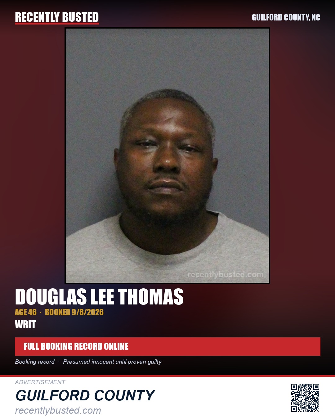 DOUGLAS LEE THOMAS — arrest record card, Guilford County, North Carolina