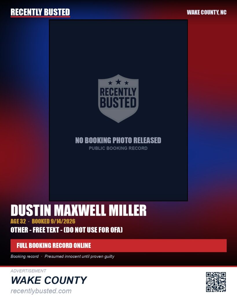 DUSTIN MAXWELL MILLER — arrest record card, Wake County, North Carolina