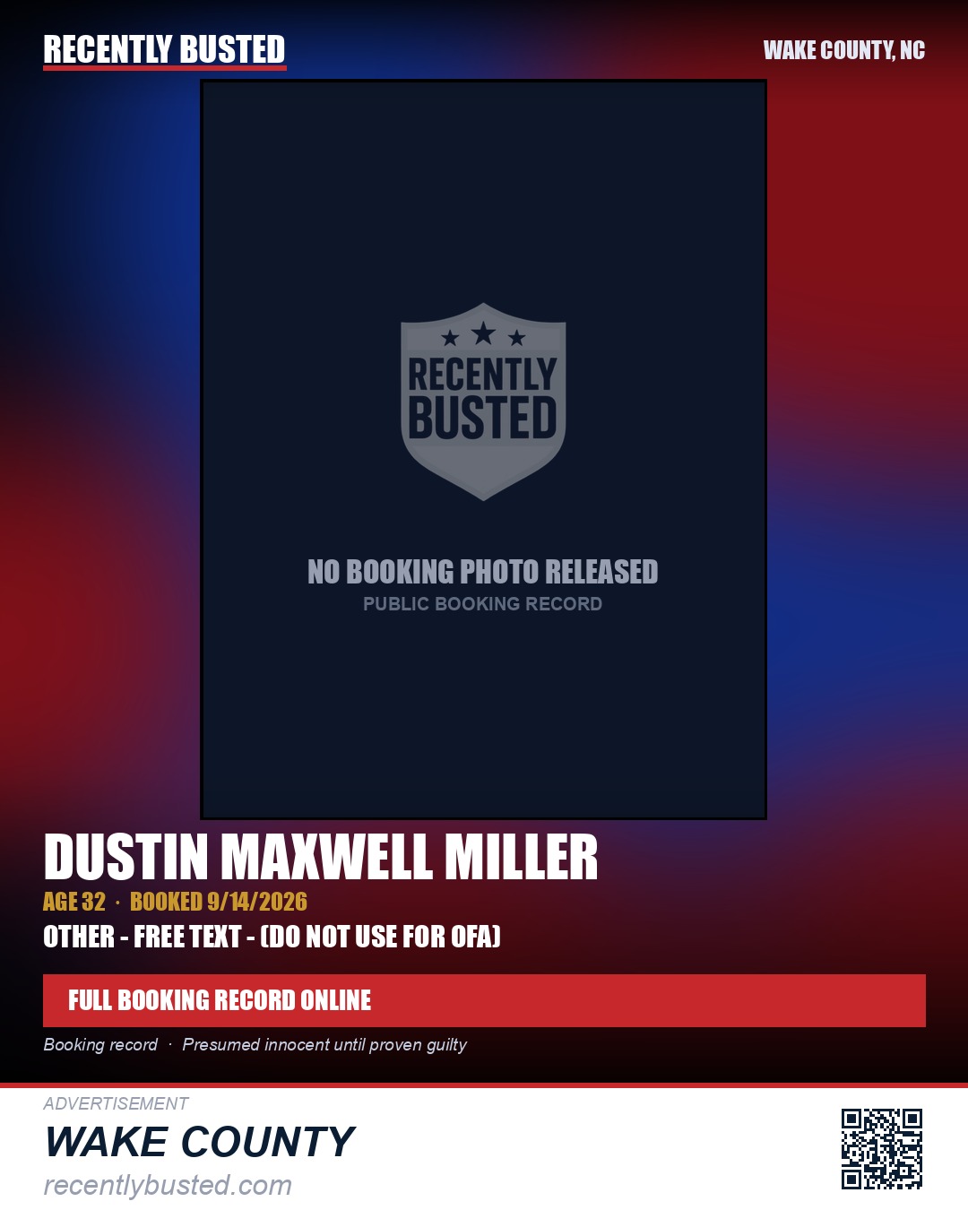 DUSTIN MAXWELL MILLER — arrest record card, Wake County, North Carolina