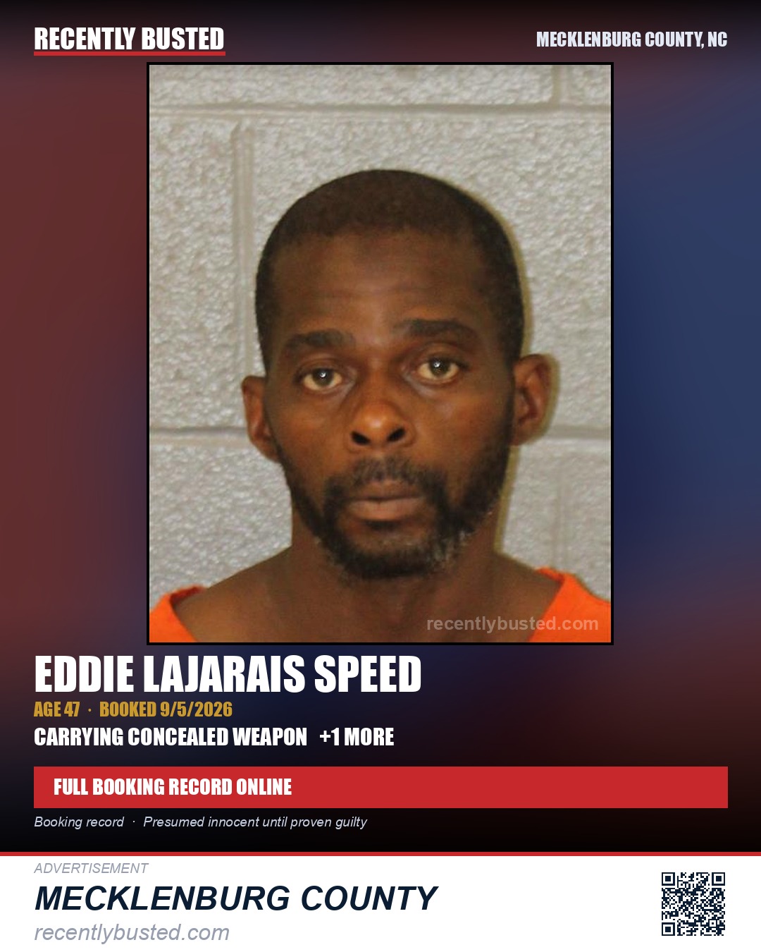 EDDIE LAJARAIS SPEED — arrest record card, Mecklenburg County, North Carolina