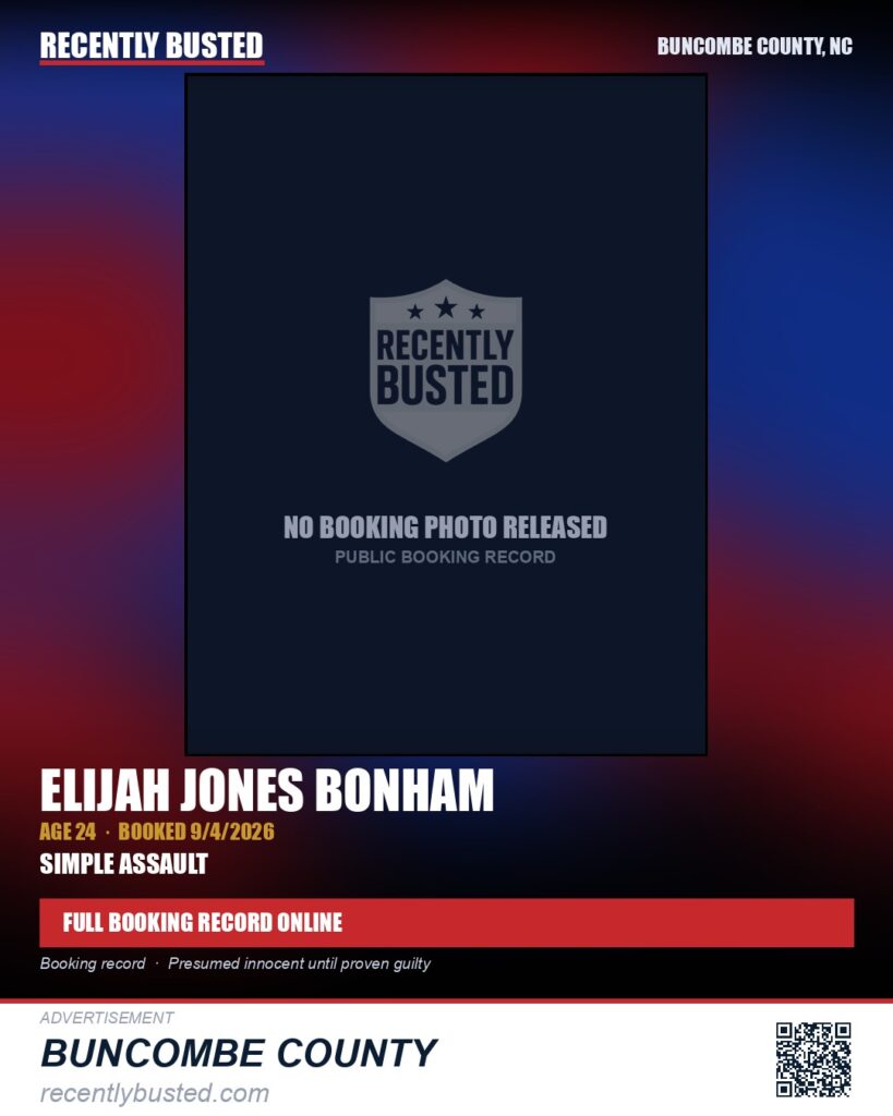 ELIJAH JONES BONHAM — arrest record card, Buncombe County, North Carolina