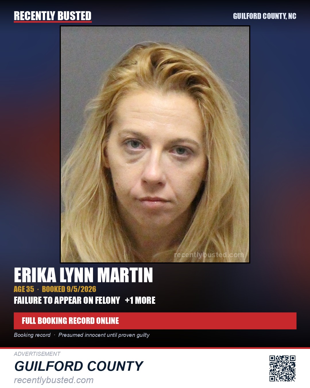 ERIKA LYNN MARTIN — arrest record card, Guilford County, North Carolina