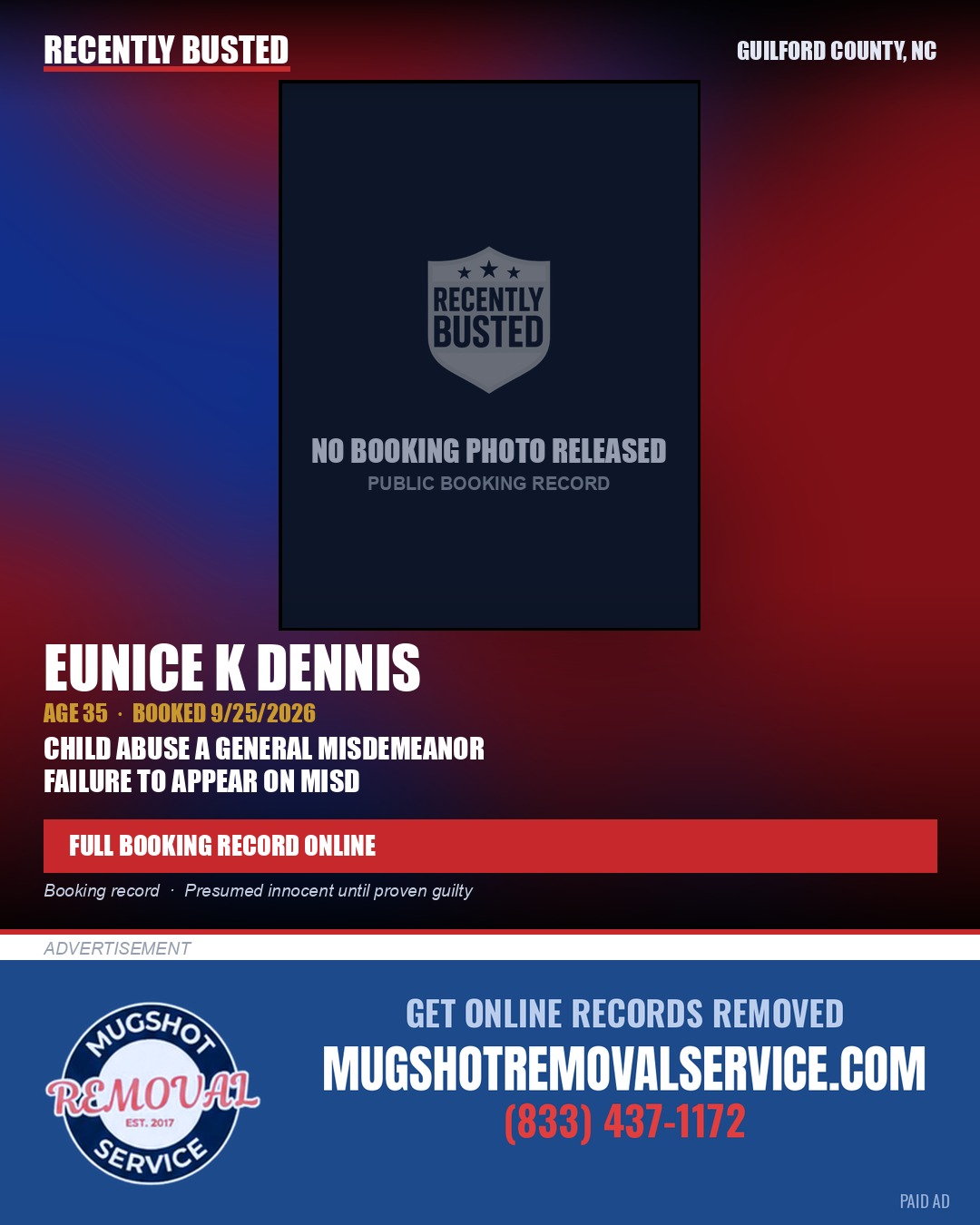 EUNICE K DENNIS — arrest record card, Guilford County, North Carolina