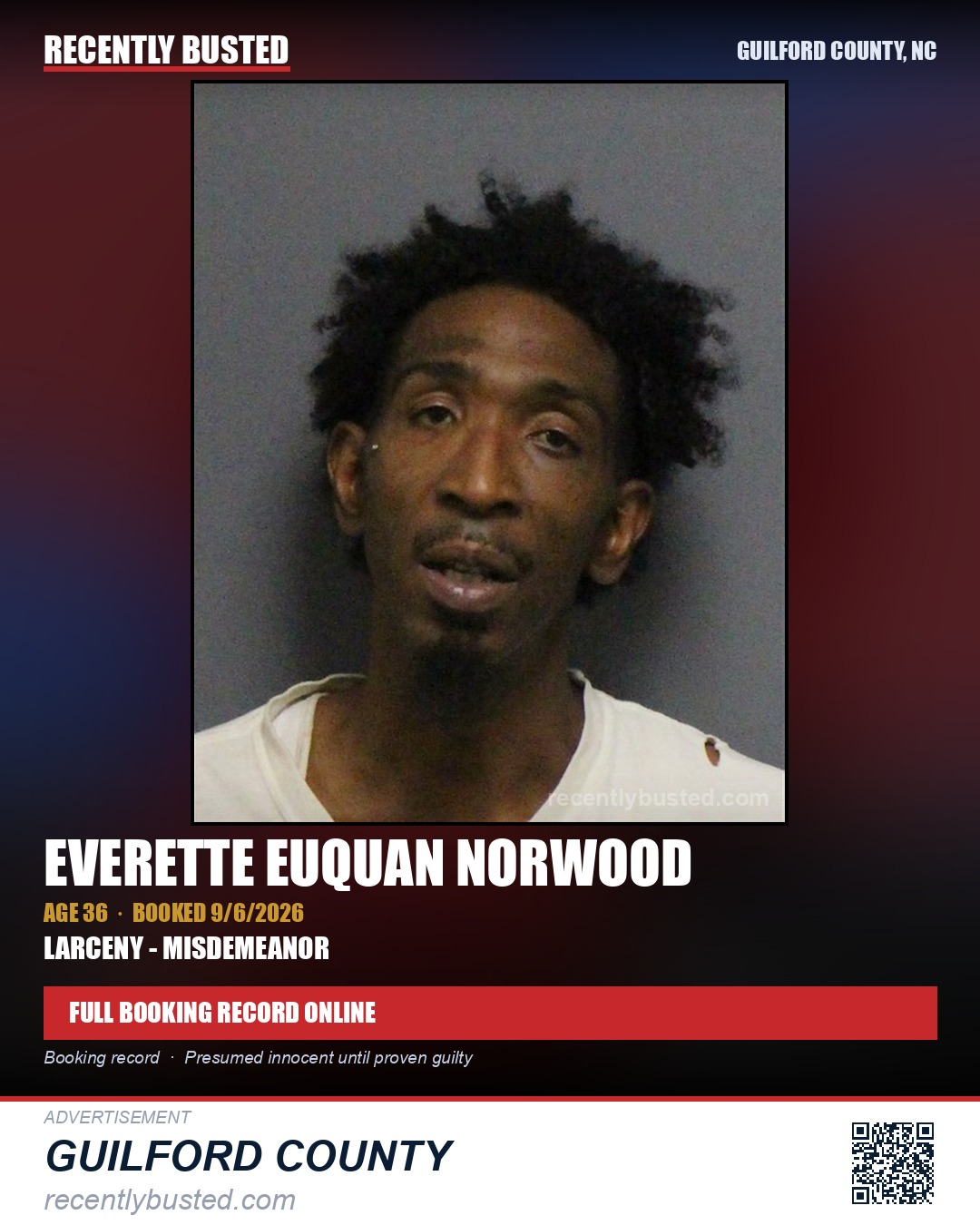 EVERETTE EUQUAN NORWOOD — arrest record card, Guilford County, North Carolina