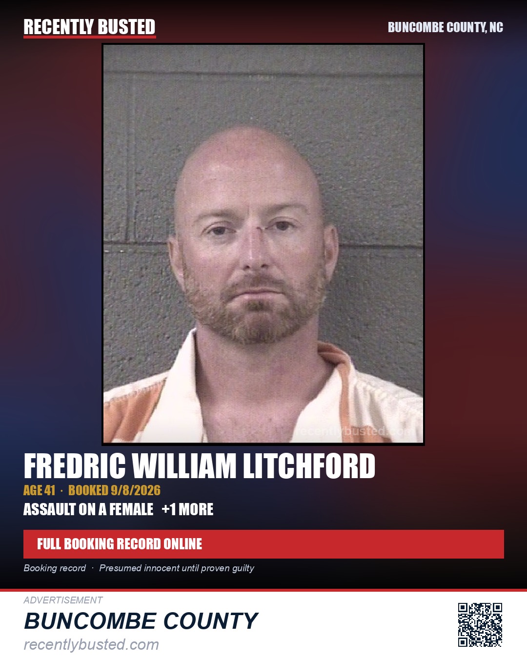FREDRIC WILLIAM LITCHFORD — arrest record card, Buncombe County, North Carolina