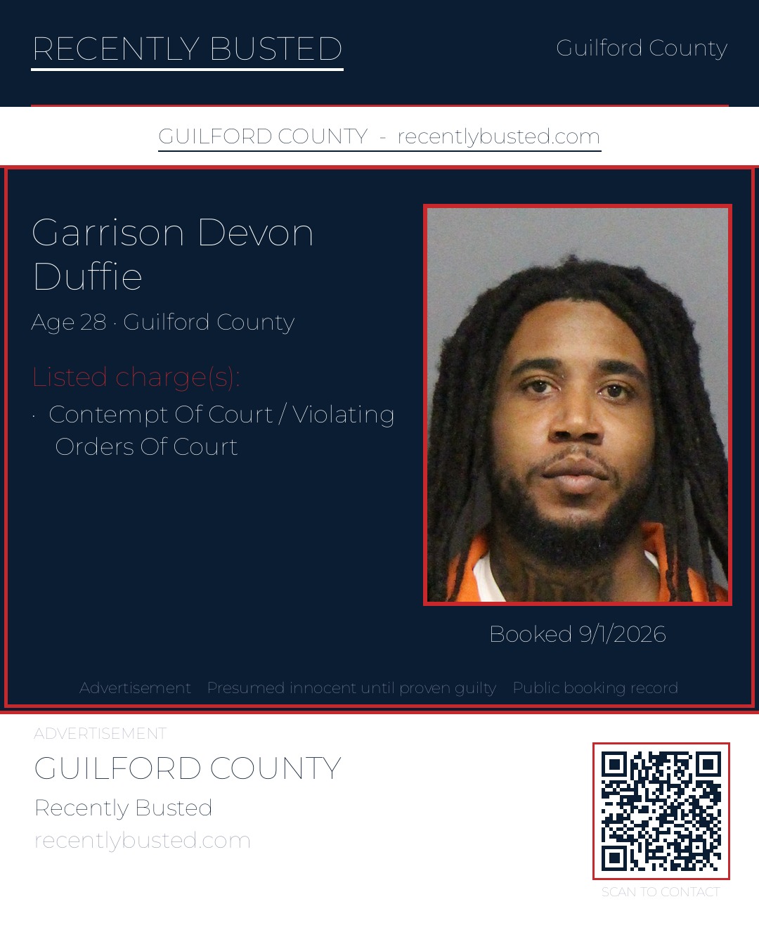 GARRISON DEVON DUFFIE — arrest record card, Guilford County, North Carolina