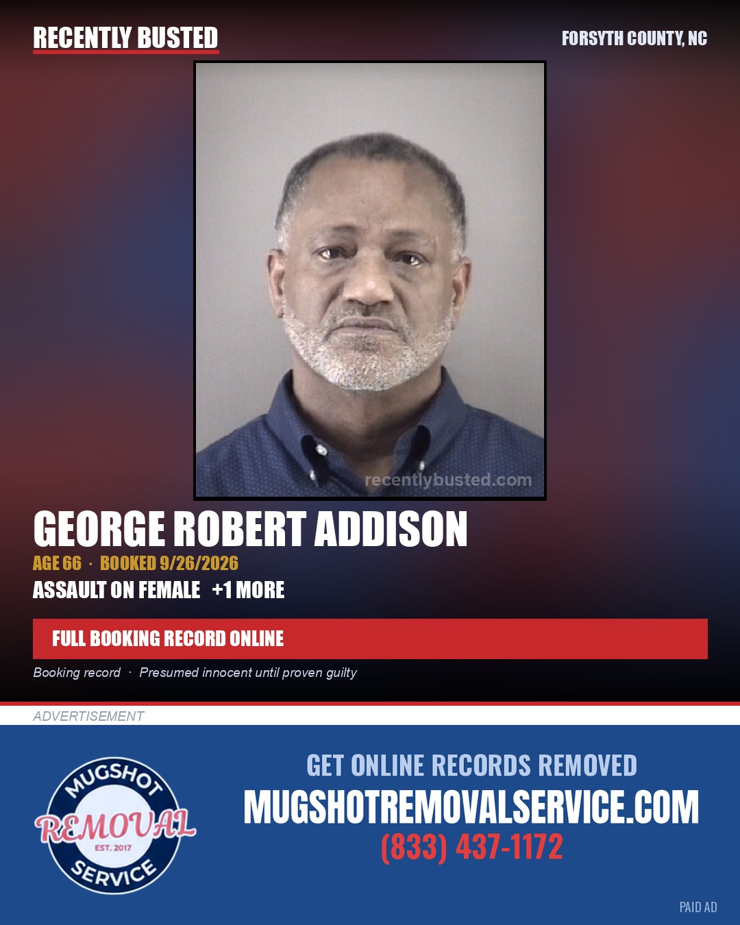 GEORGE ROBERT ADDISON — arrest record card, Forsyth County, North Carolina