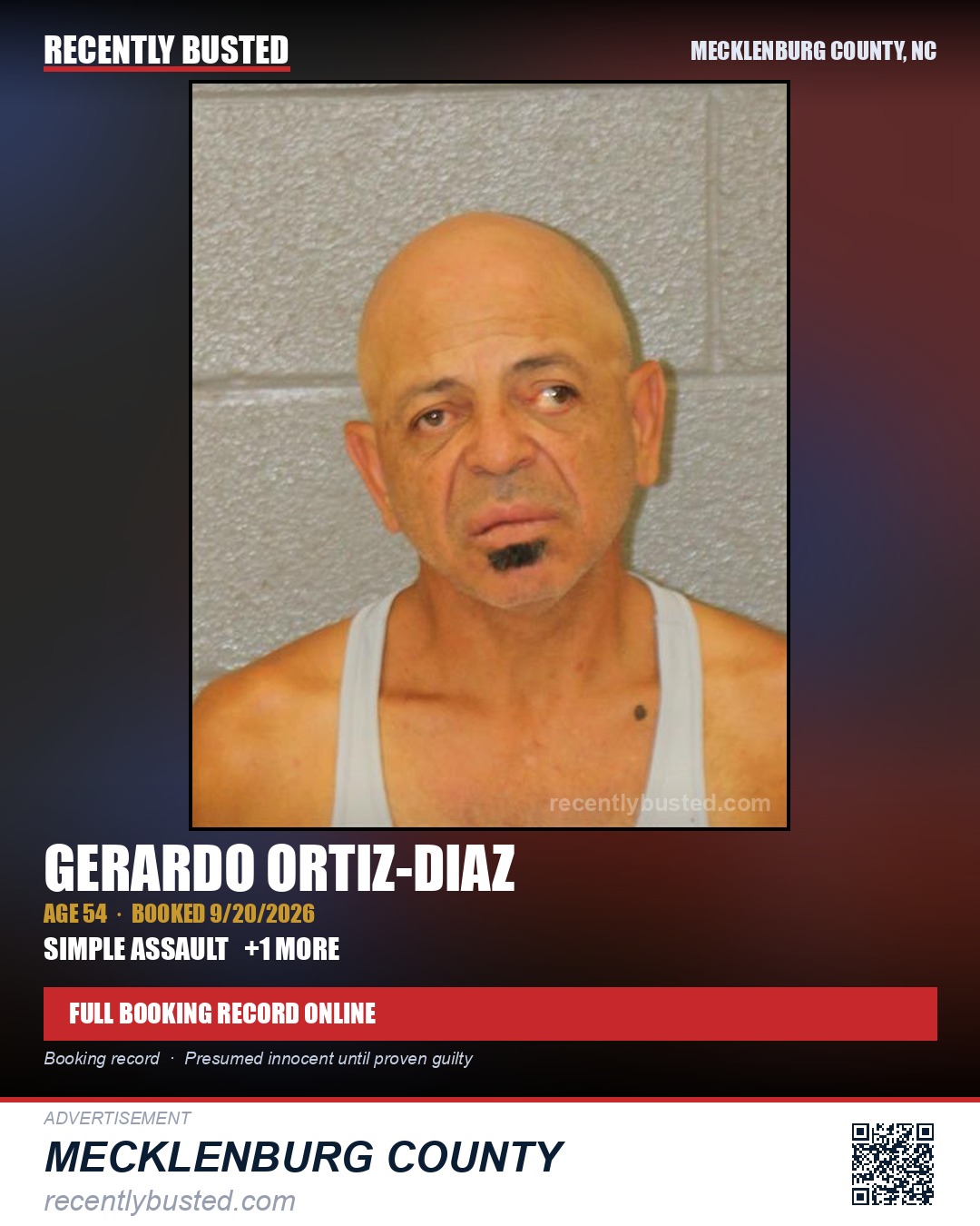 GERARDO ORTIZ-DIAZ — arrest record card, Mecklenburg County, North Carolina