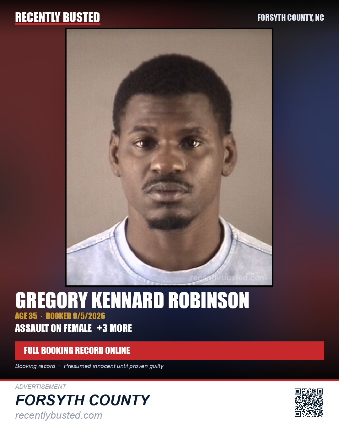 GREGORY KENNARD ROBINSON — arrest record card, Forsyth County, North Carolina