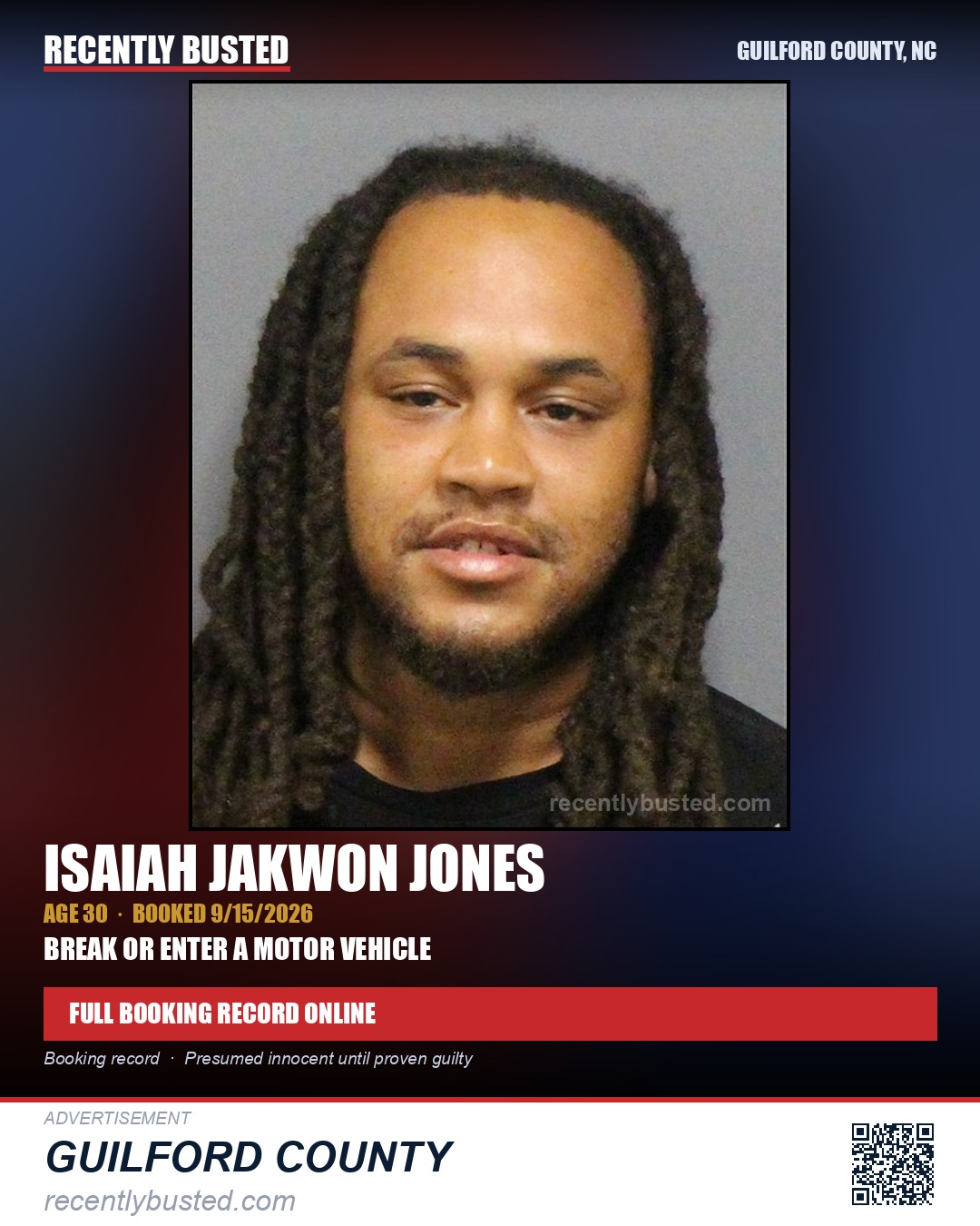 ISAIAH JAKWON JONES — arrest record card, Guilford County, North Carolina