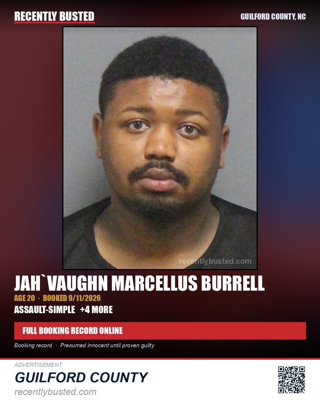 JAH`VAUGHN MARCELLUS BURRELL — arrest record card, Guilford County, North Carolina