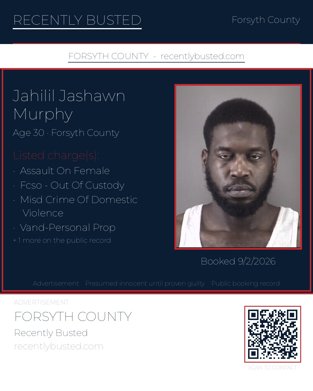 JAHILIL JASHAWN MURPHY — arrest record card, Forsyth County, North Carolina