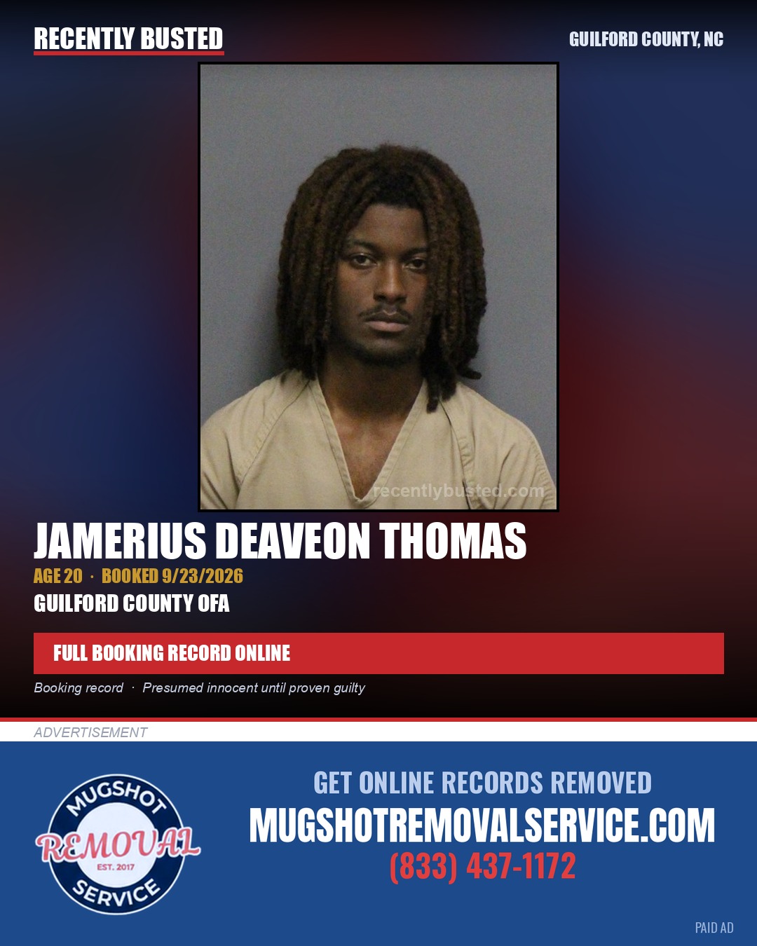 JAMERIUS DEAVEON THOMAS — arrest record card, Guilford County, North Carolina