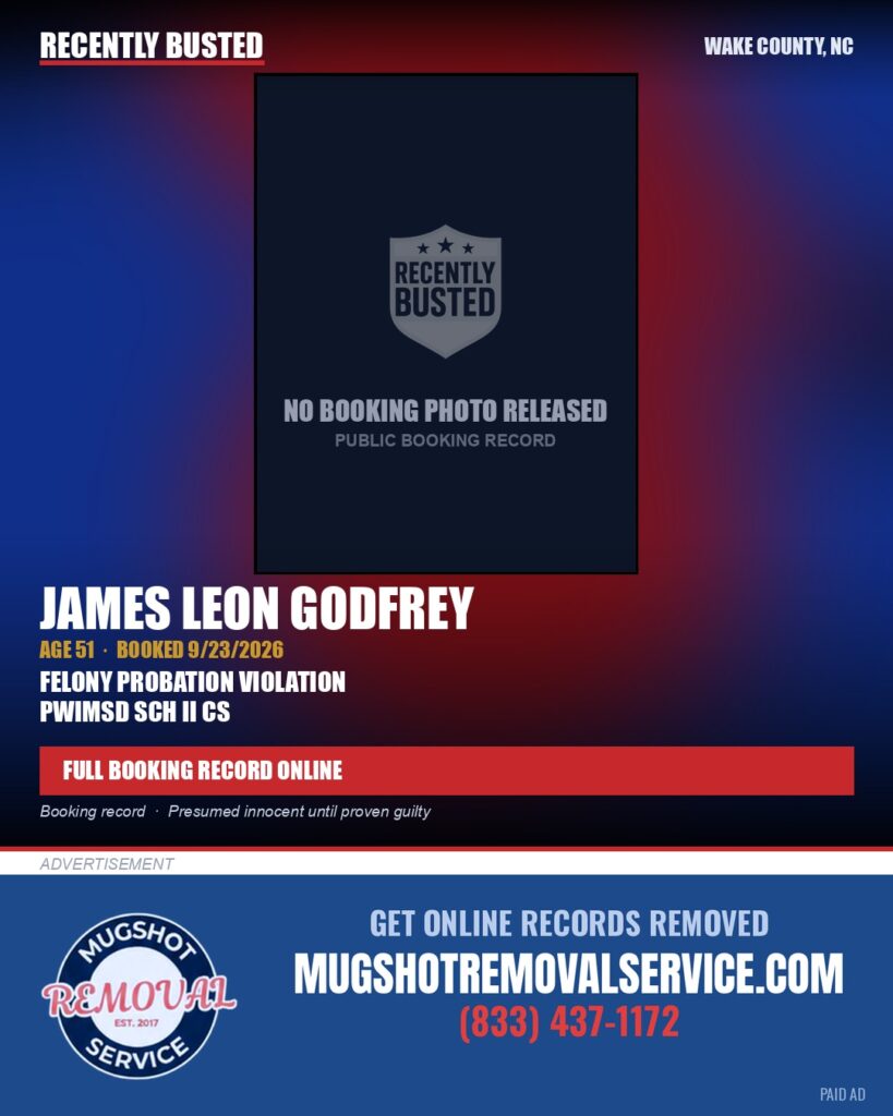 JAMES LEON GODFREY — arrest record card, Wake County, North Carolina