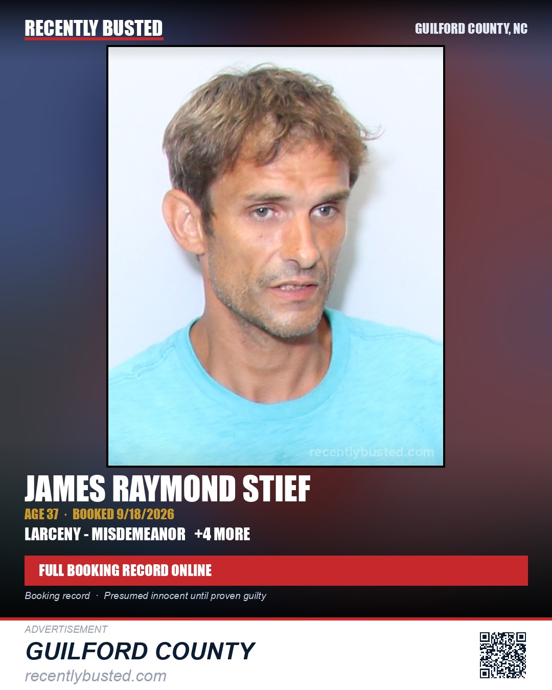 JAMES RAYMOND STIEF — arrest record card, Guilford County, North Carolina