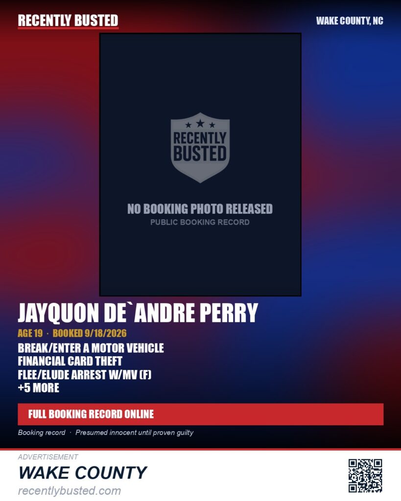 JAYQUON DE`ANDRE PERRY — arrest record card, Wake County, North Carolina