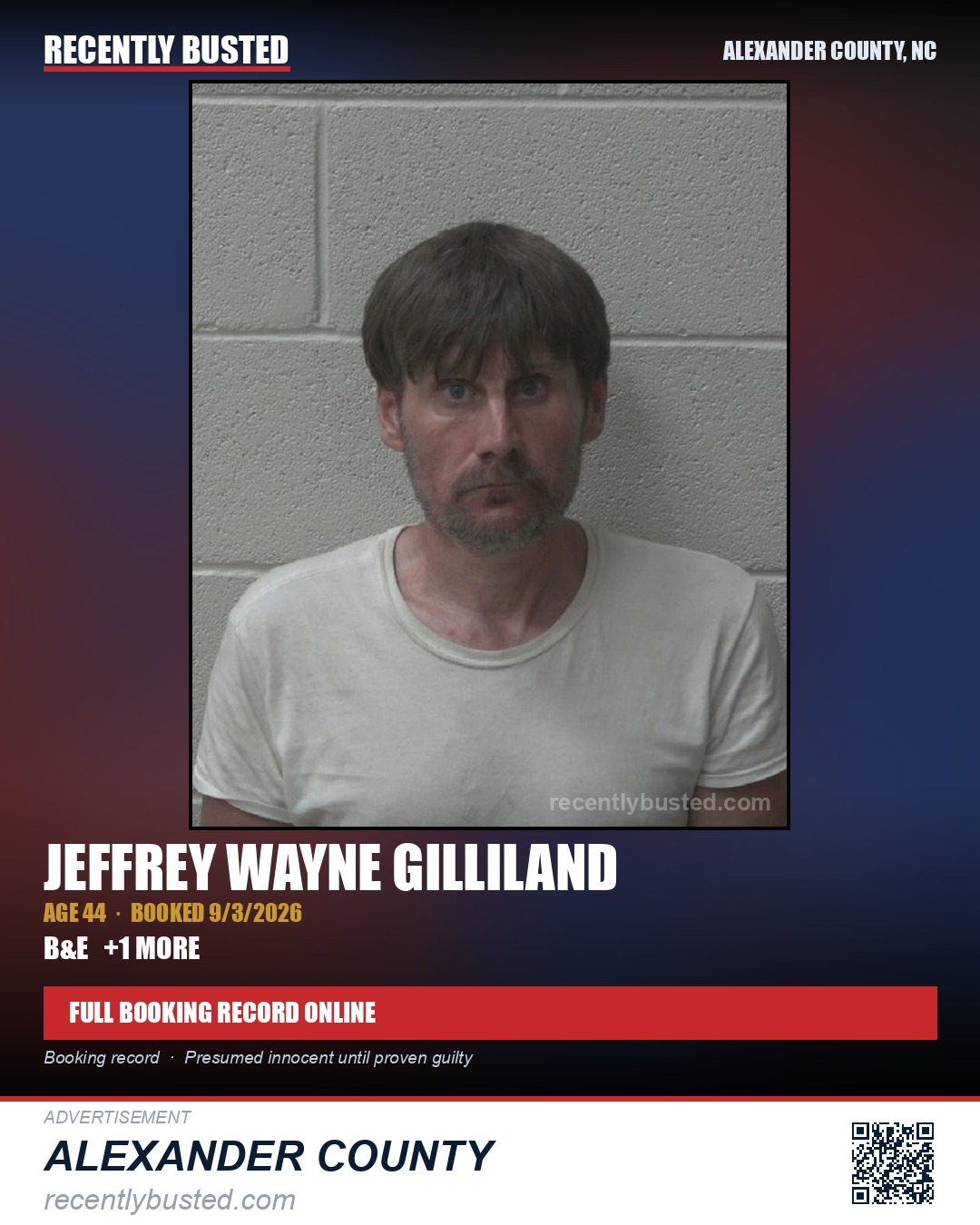 JEFFREY WAYNE GILLILAND — arrest record card, Alexander County, North Carolina