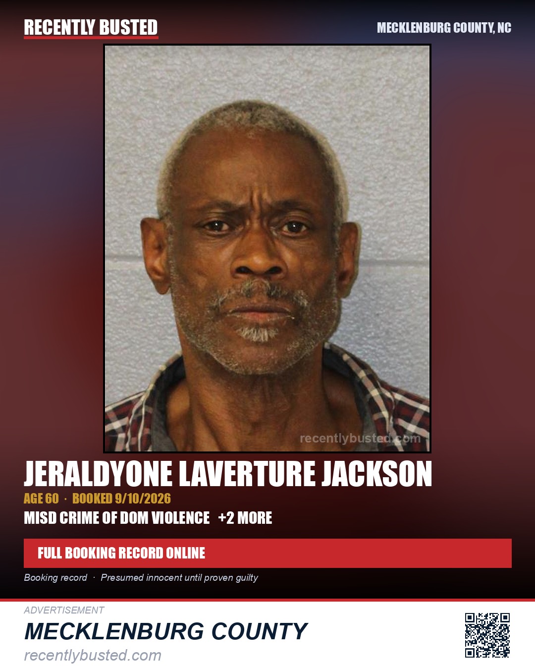 JERALDYONE LAVERTURE JACKSON — arrest record card, Mecklenburg County, North Carolina