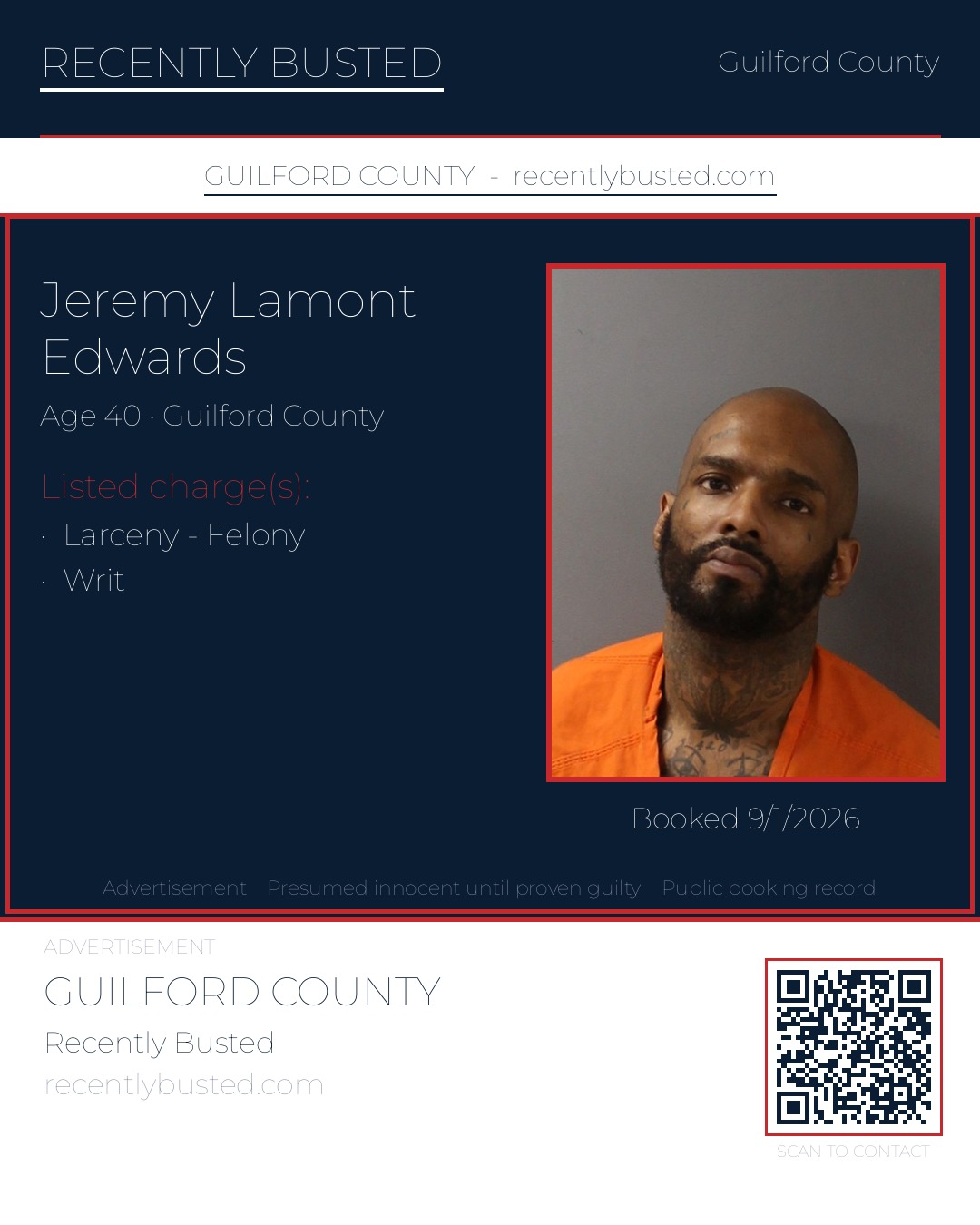 JEREMY LAMONT EDWARDS — arrest record card, Guilford County, North Carolina
