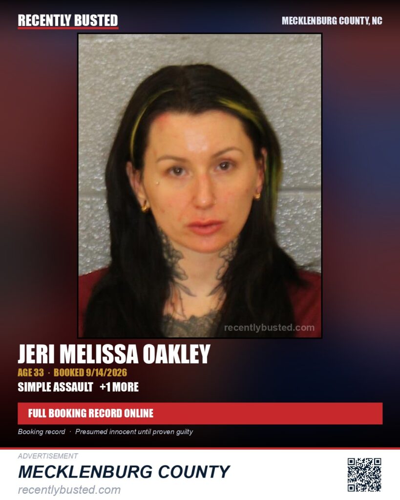 JERI MELISSA OAKLEY — arrest record card, Mecklenburg County, North Carolina