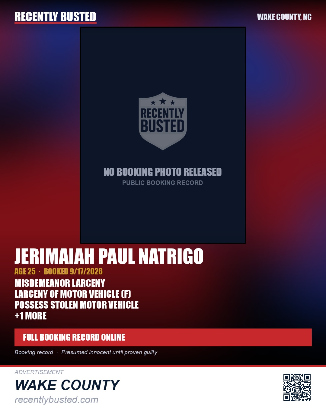 JERIMAIAH PAUL NATRIGO — arrest record card, Wake County, North Carolina