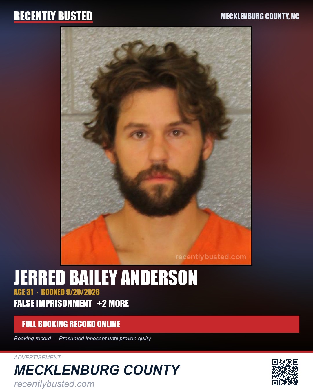JERRED BAILEY ANDERSON — arrest record card, Mecklenburg County, North Carolina