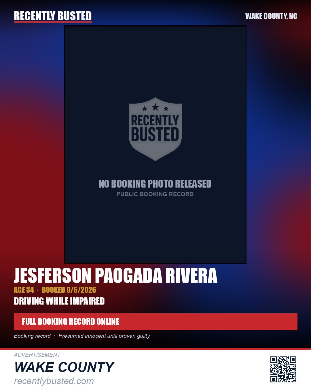 JESFERSON PAOGADA RIVERA — arrest record card, Wake County, North Carolina