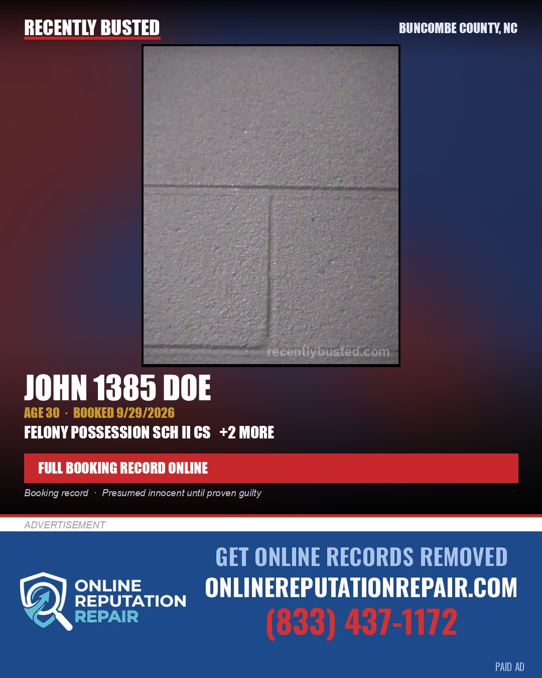 JOHN 1385 DOE — arrest record card, Buncombe County, North Carolina