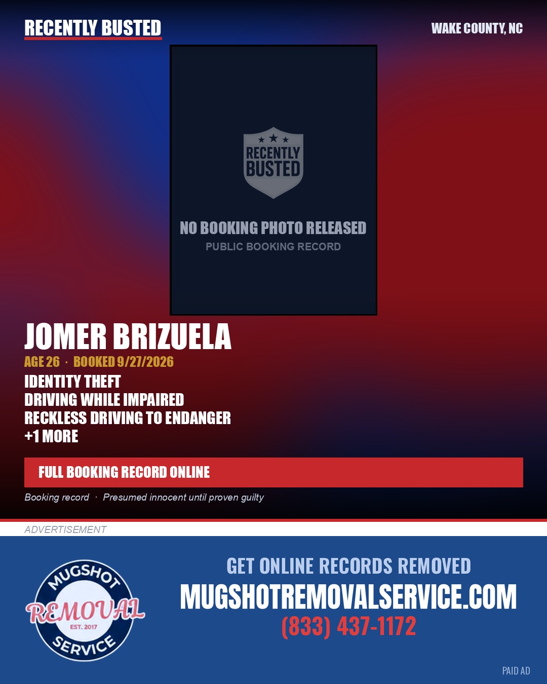 JOMER BRIZUELA — arrest record card, Wake County, North Carolina