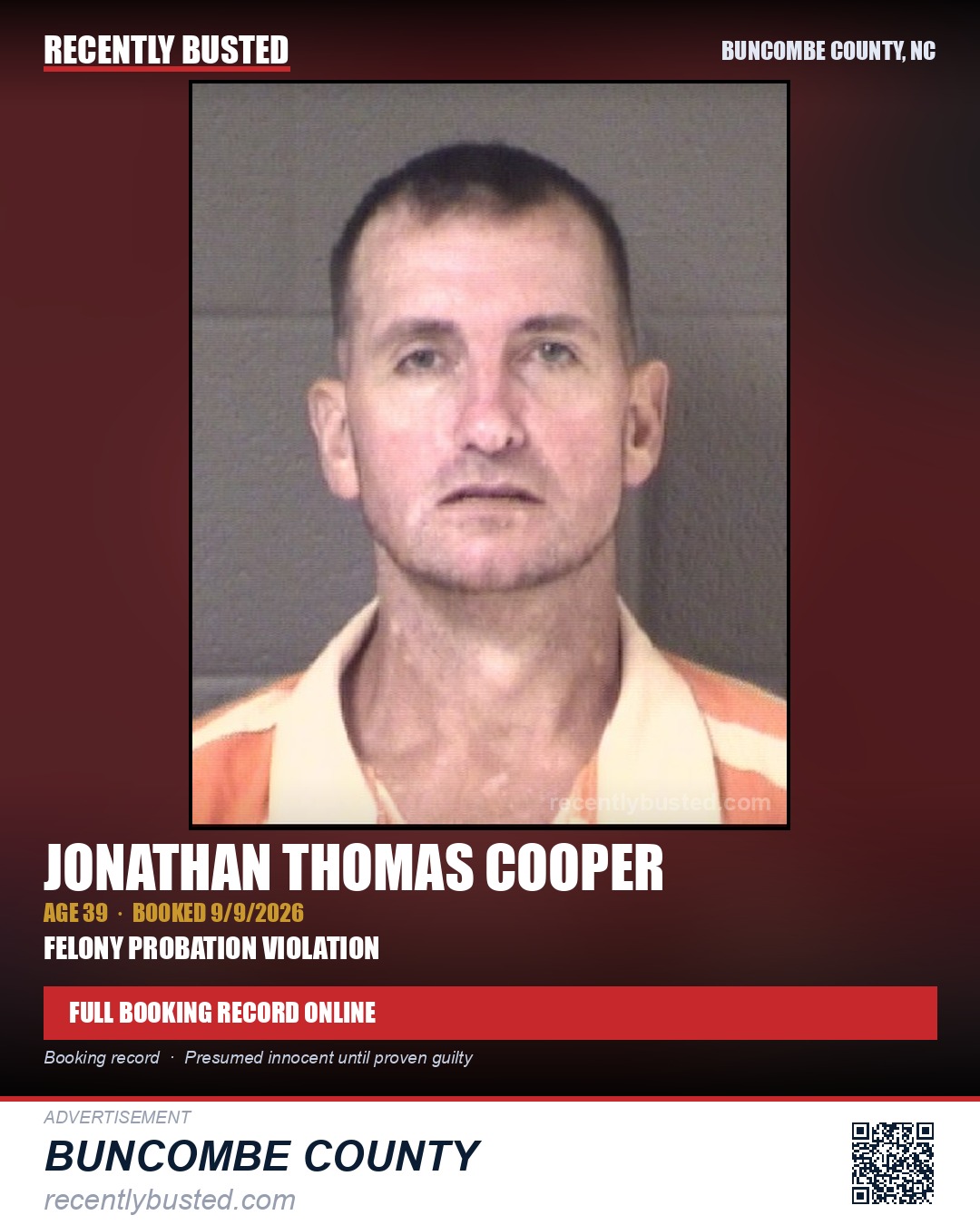 JONATHAN THOMAS COOPER — arrest record card, Buncombe County, North Carolina