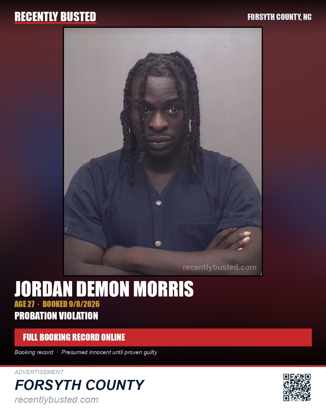 JORDAN DEMON MORRIS — arrest record card, Forsyth County, North Carolina