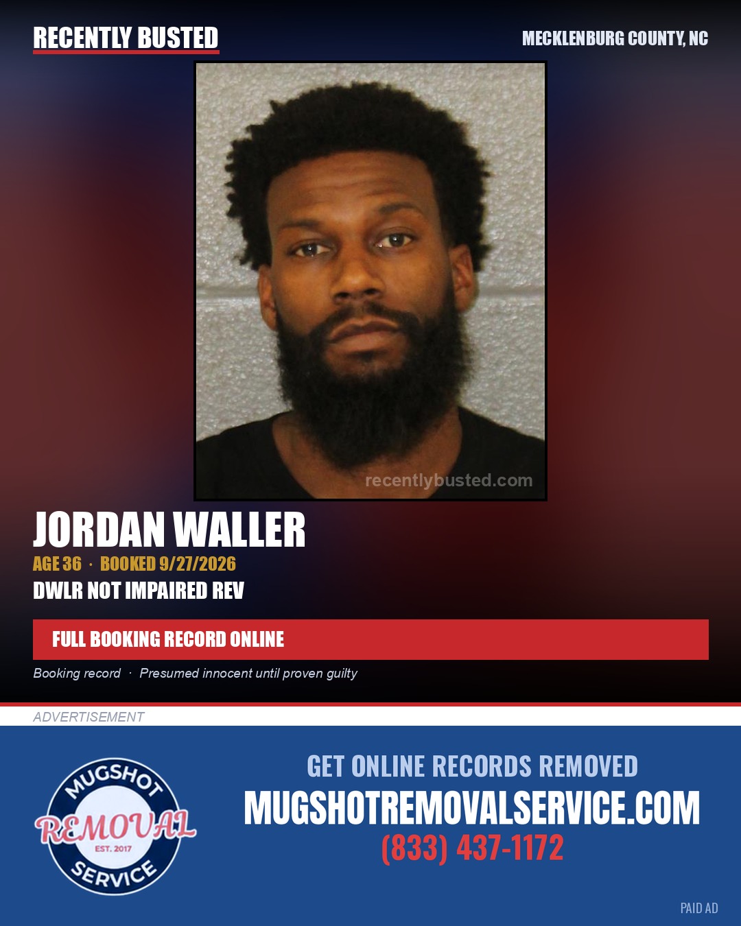 JORDAN WALLER — arrest record card, Mecklenburg County, North Carolina