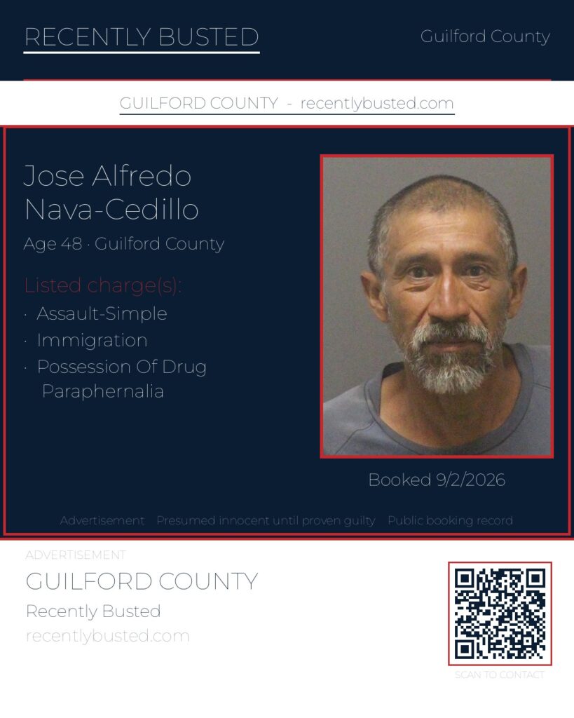 JOSE ALFREDO NAVA-CEDILLO — arrest record card, Guilford County, North Carolina
