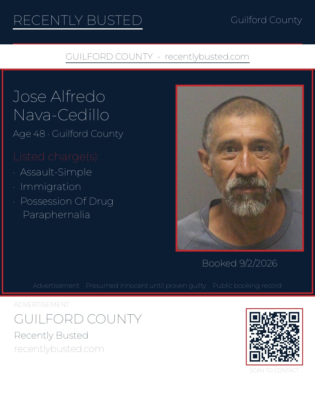 JOSE ALFREDO NAVA-CEDILLO — arrest record card, Guilford County, North Carolina