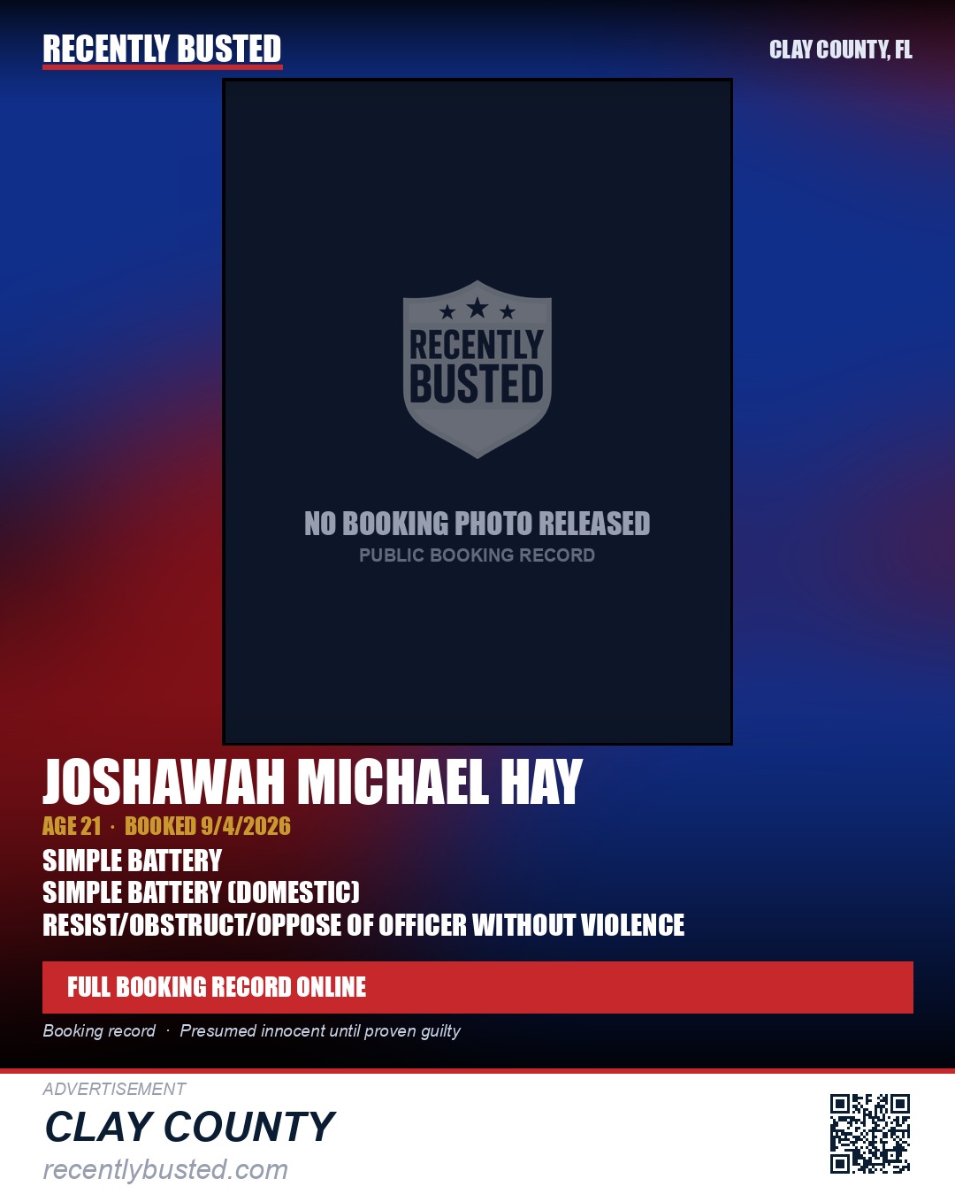 JOSHAWAH MICHAEL HAY — arrest record card, Clay County, Florida