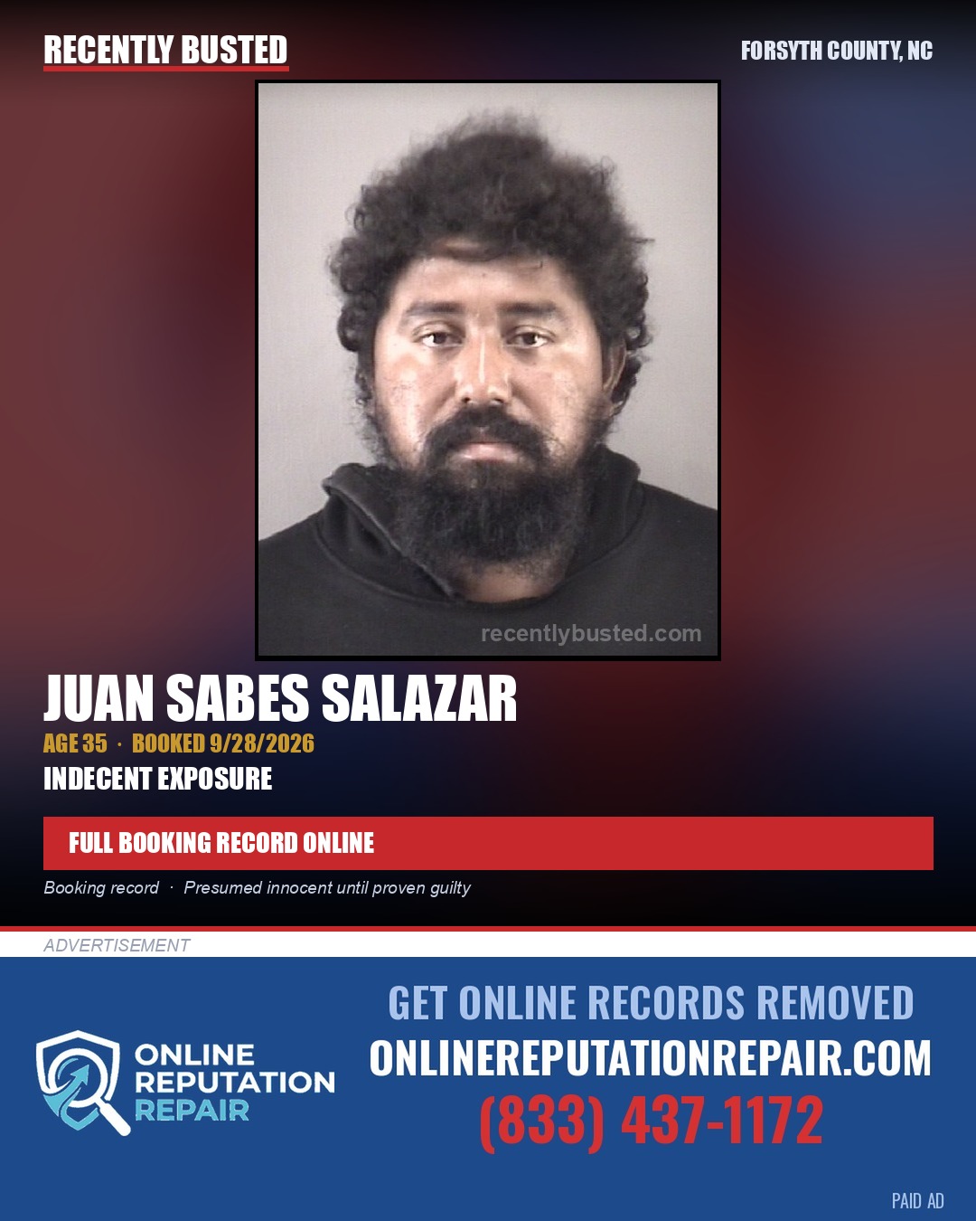 JUAN SABES SALAZAR — arrest record card, Forsyth County, North Carolina